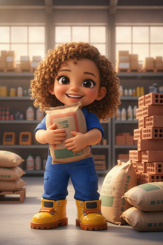 Letícia segurando um saco de cimento ao lado de tijolos